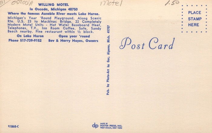 Aspen Motor Inn (Willing Motel) - Postcard Back